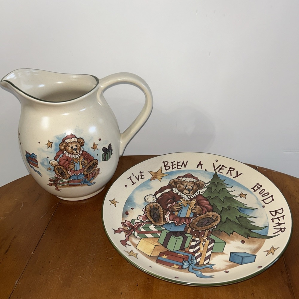 Boyds Bears Pottery Works I've Been A Very Good Bear Christmas Plate & Pitcher